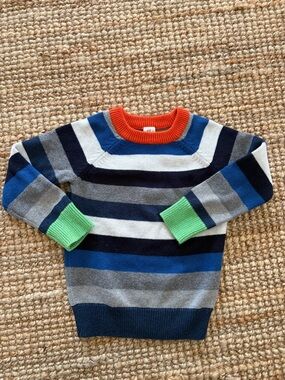 GAP Multicolor Striped Crewneck Sweater — Blue, Gray, Green & Orange